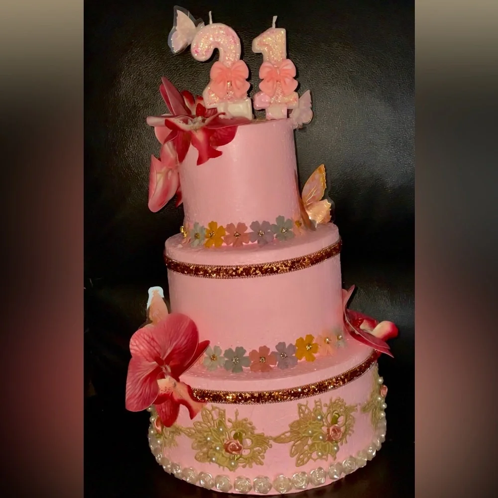 3-tier Pink Floral Glam Birthday Display Cake!